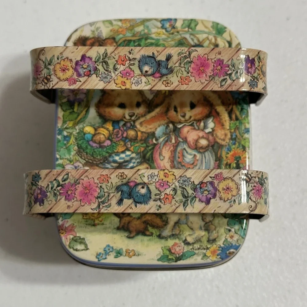 Giftco Vintage Bunny Rabbit Picnic Basket Metal Tin Easter Floral Seasonal Decor